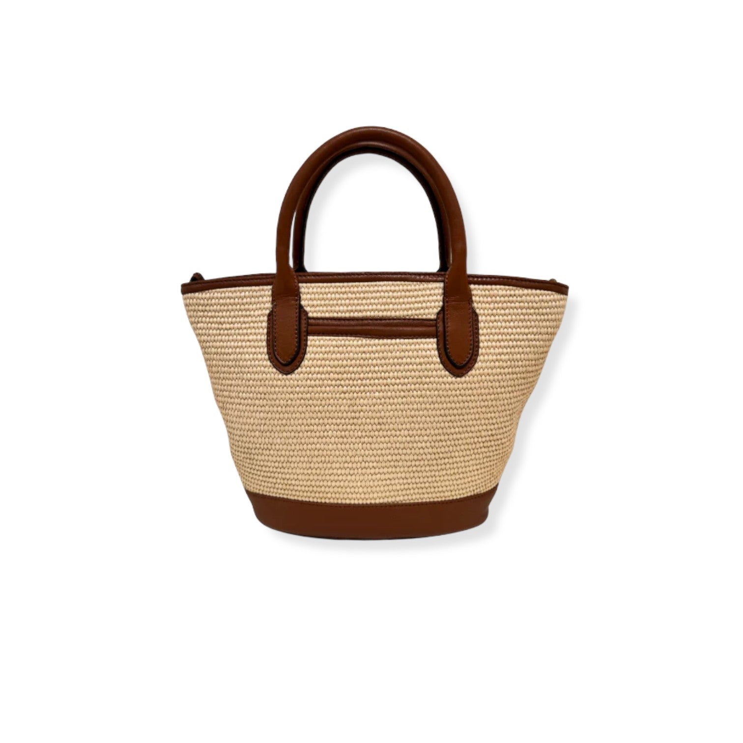 Woven handbag with brown accents on a white background