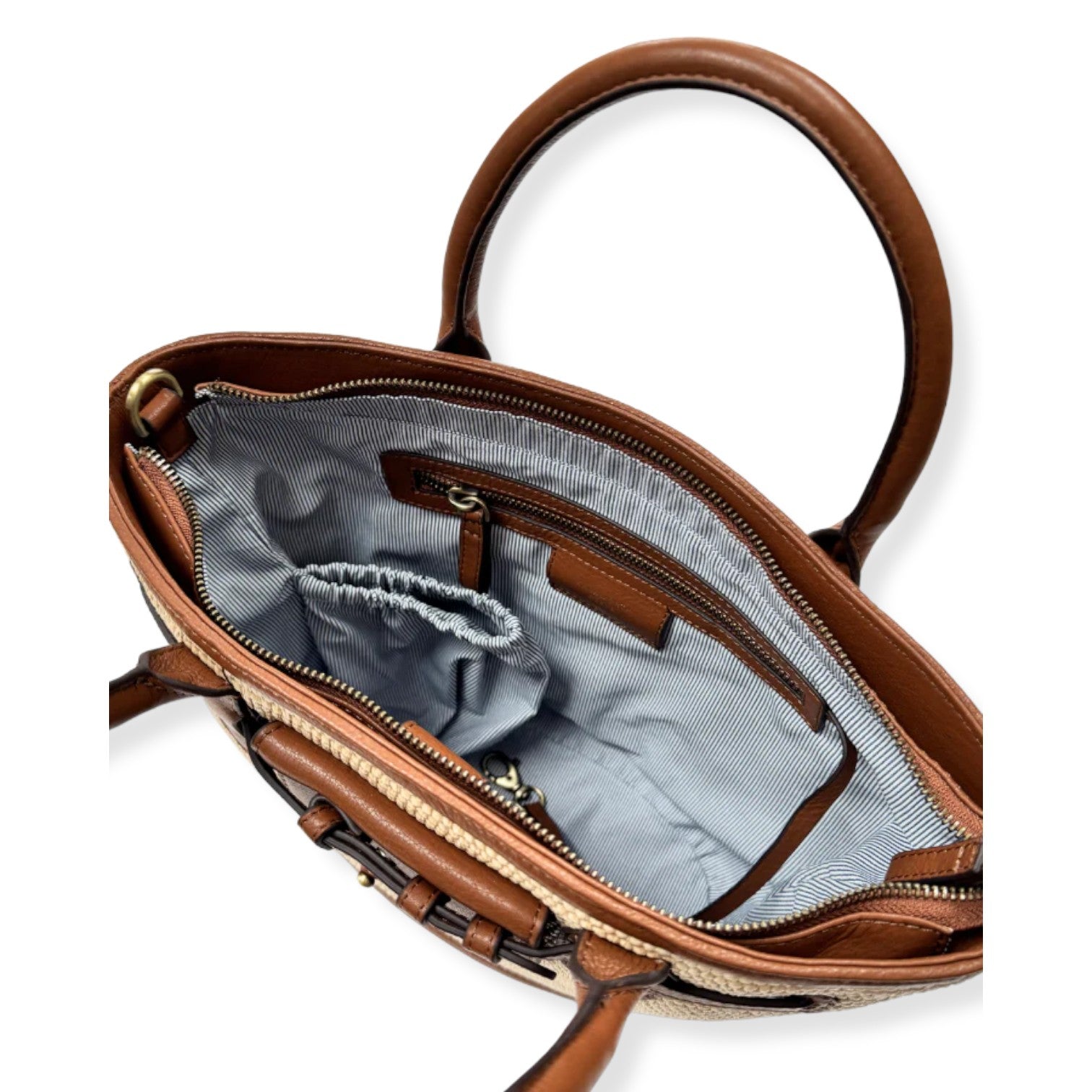 Brown handbag with open front compartment on a white background