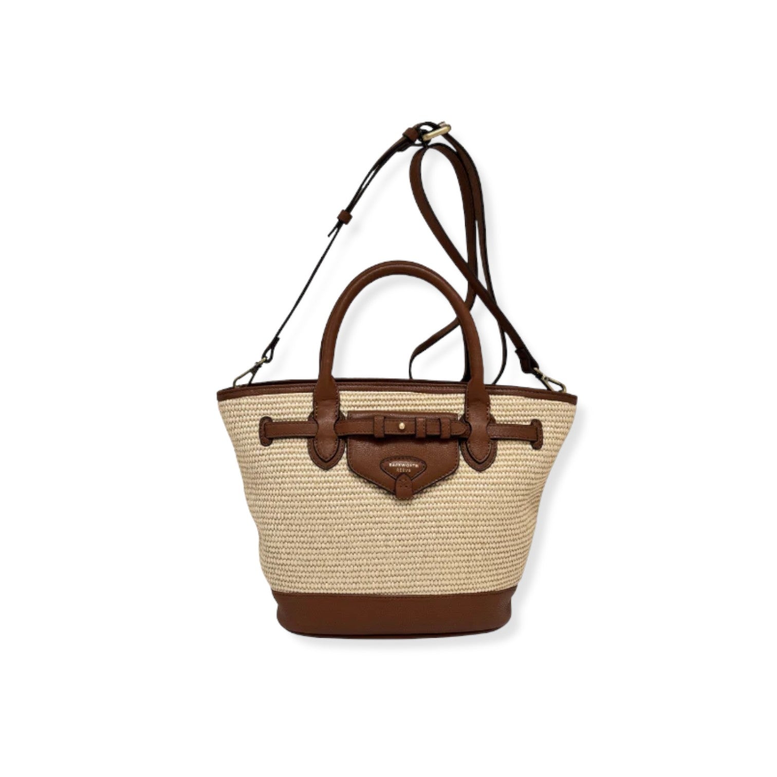 Beige straw handbag with brown leather accents on a white background