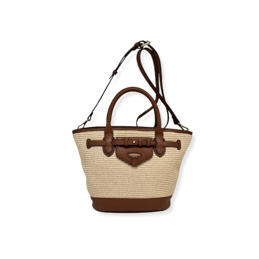 Beige straw handbag with brown leather accents on a white background