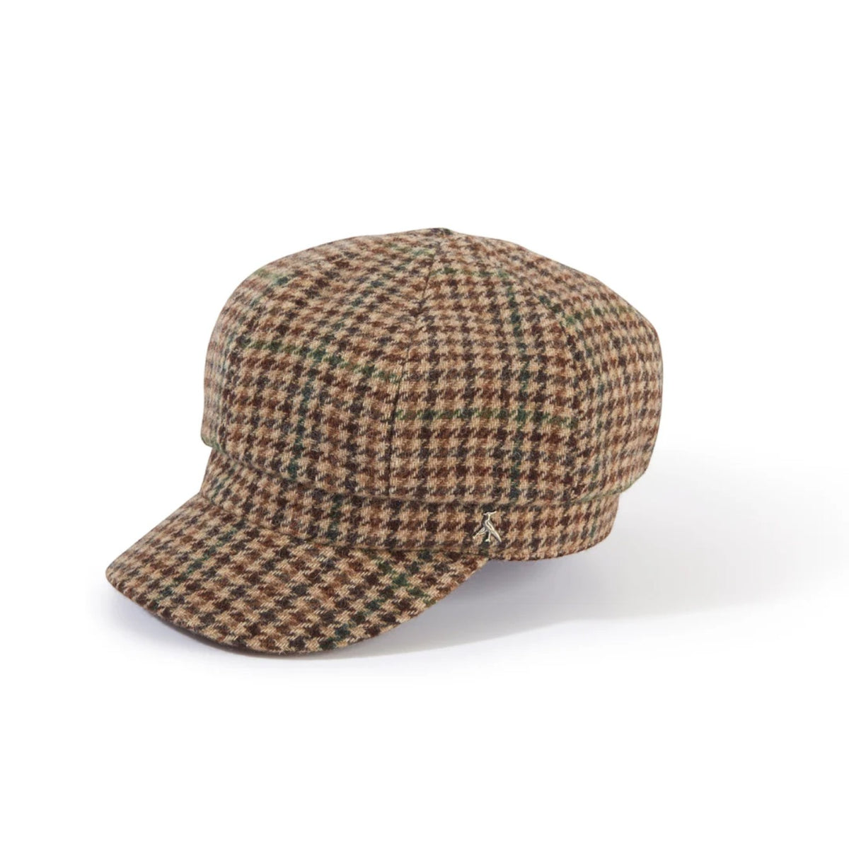 A brown and beige houndstooth flat cap with a small gold embroidered logo on the side, photographed on a clean white background.