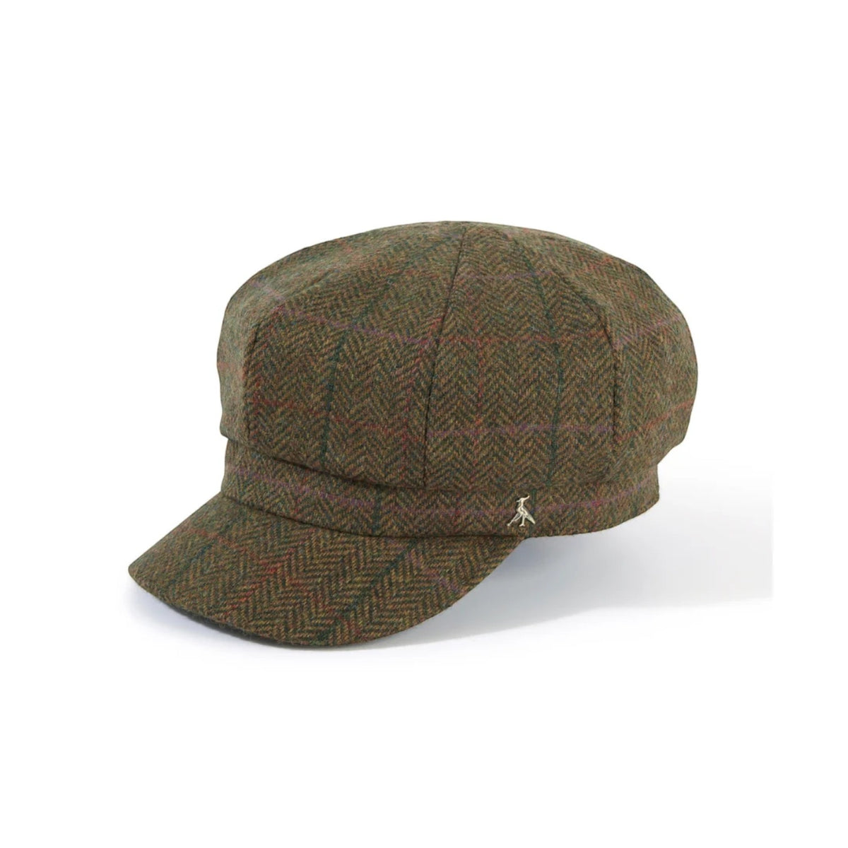 A classic six-panel flat cap in a brown and green herringbone tweed pattern, featuring a small silver-toned embroidered logo on the side, set against a plain white background.