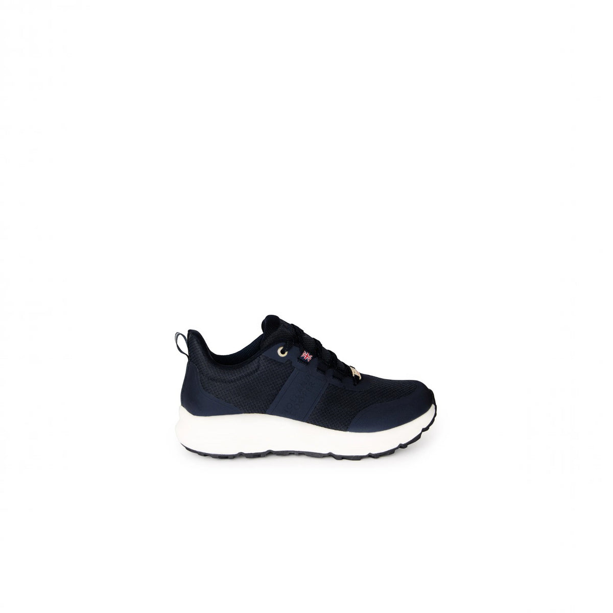 A navy blue low-top sneaker with a white sole, shown from a side profile view against a plain white background.