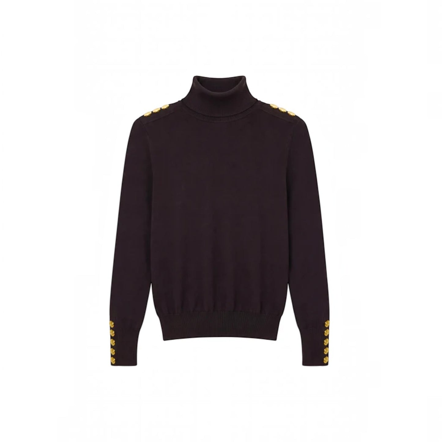 A dark brown turtleneck sweater with gold button details on the shoulders and cuffs, displayed against a solid white background.