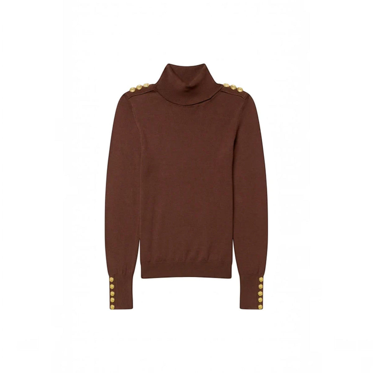 A brown ribbed turtleneck sweater with gold button accents on the shoulders and cuffs, displayed against a solid white background.