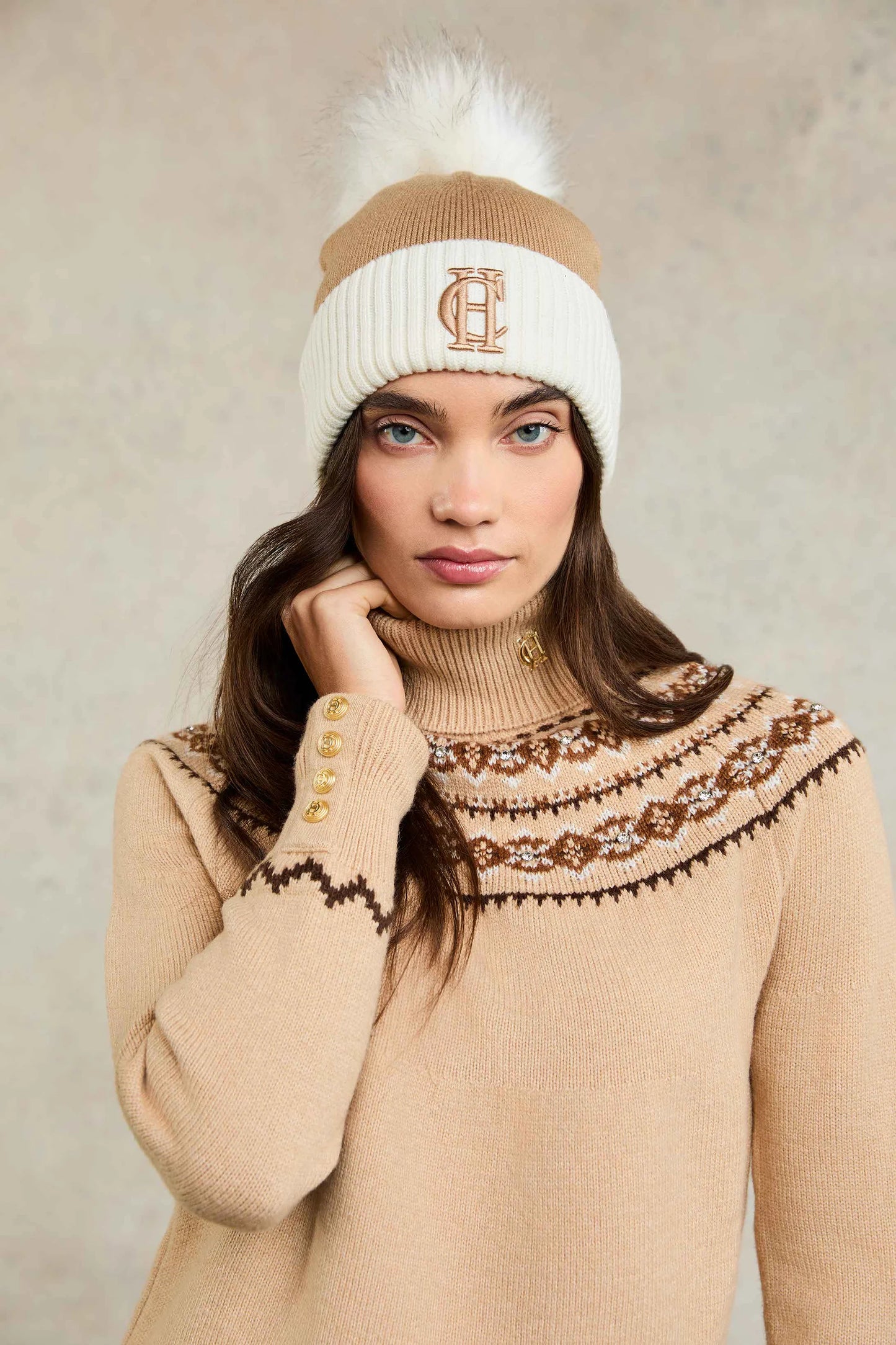 Holland Cooper Chelsea Merino Bobble Hat Camel