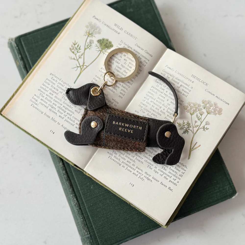 Barkworth Reeve Sausage Dog Key Ring Chocolate Leather & Brown Country Tweed