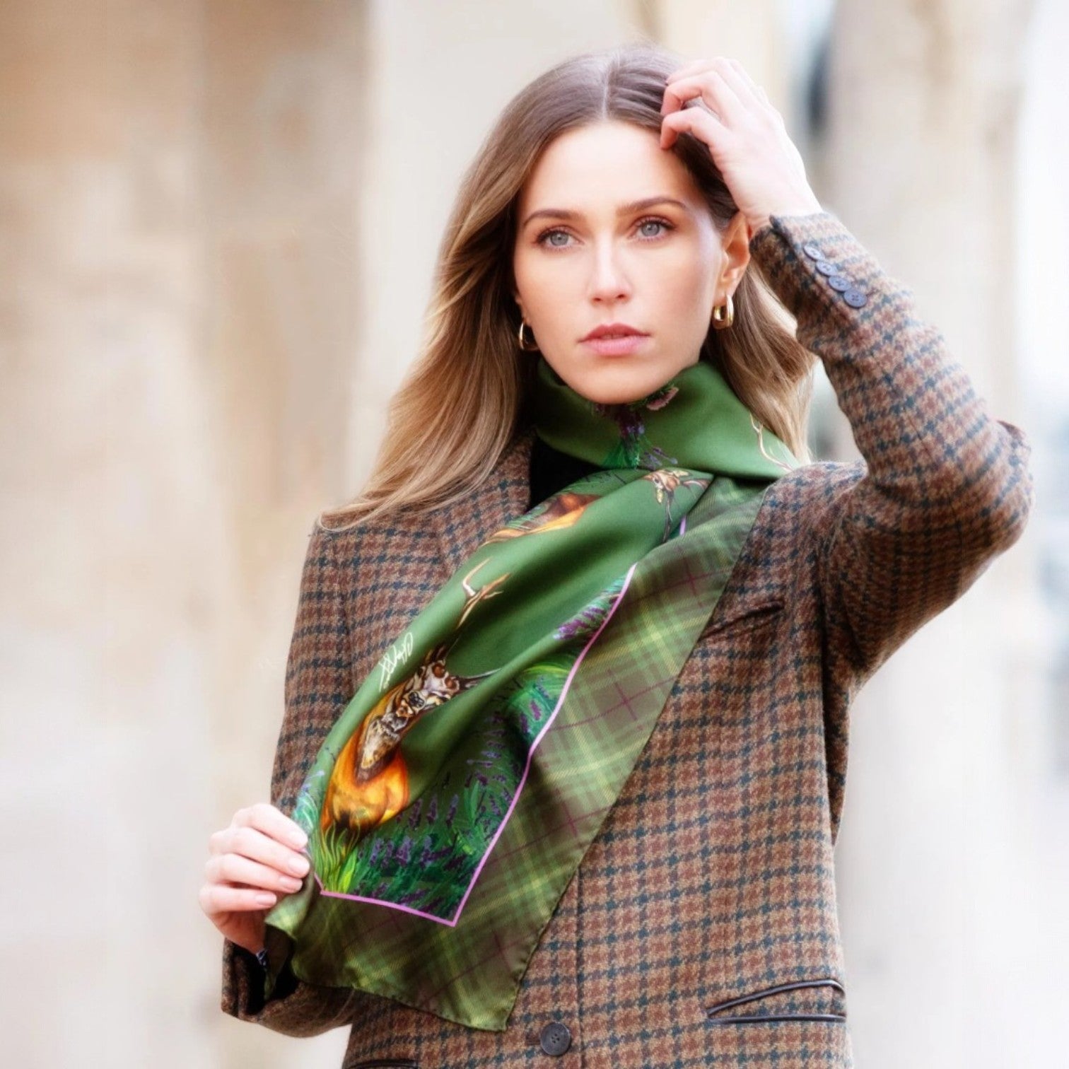 Clare Haggas Caledonia Classic Silk Scarf Moss Green