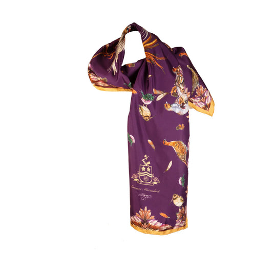 Clare Haggas Grouse Misconduct Aubergine & Gold Classic Silk Scarf