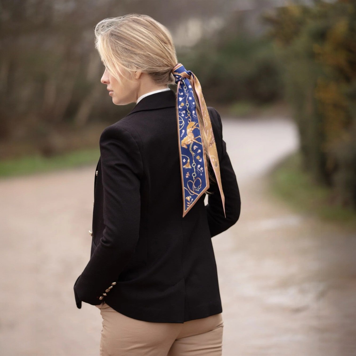 Clare Haggas Joy Ride Noble Navy & Galloping Gold Silk Twilly Ribbon Scarf
