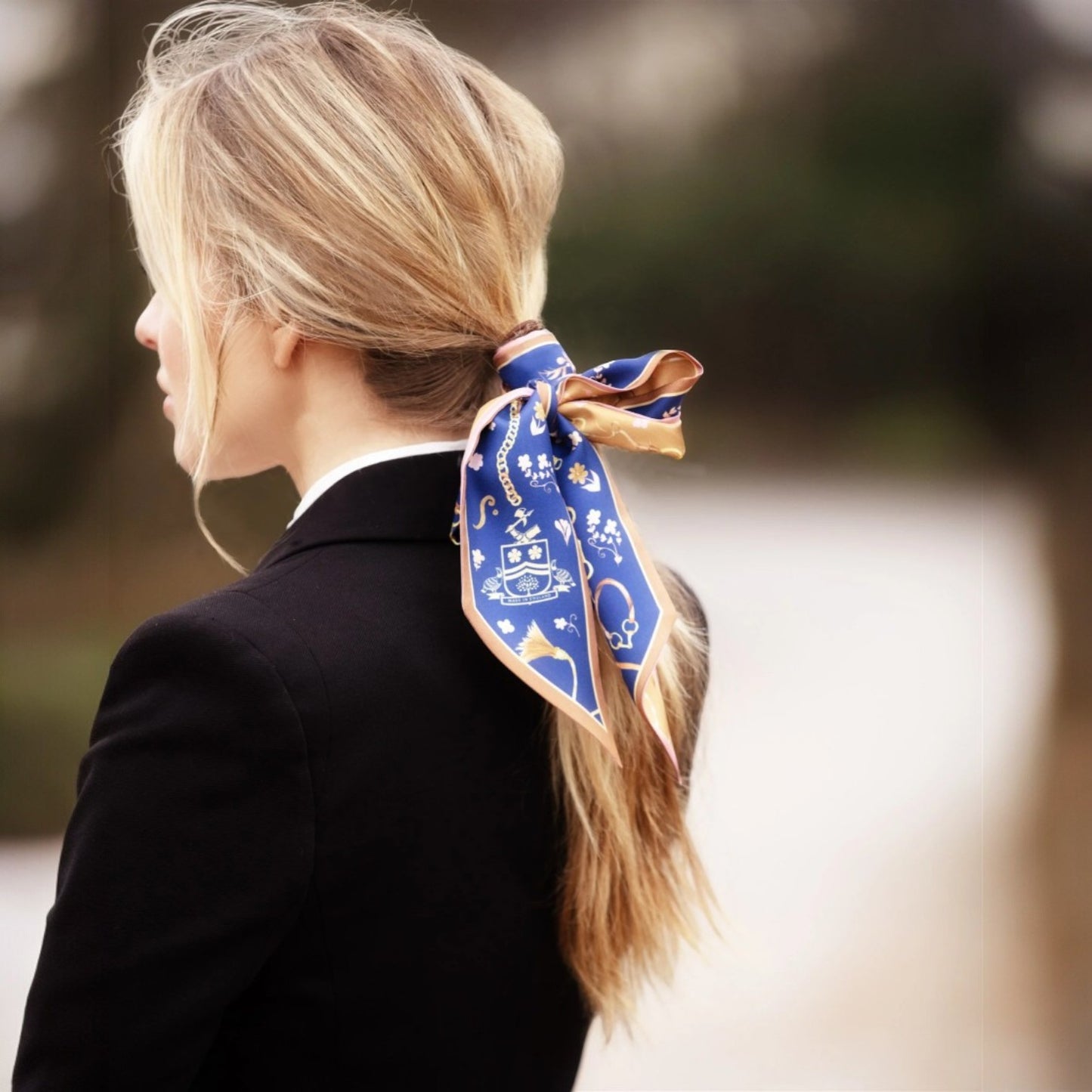 Clare Haggas Joy Ride Noble Navy & Galloping Gold Silk Twilly Ribbon Scarf