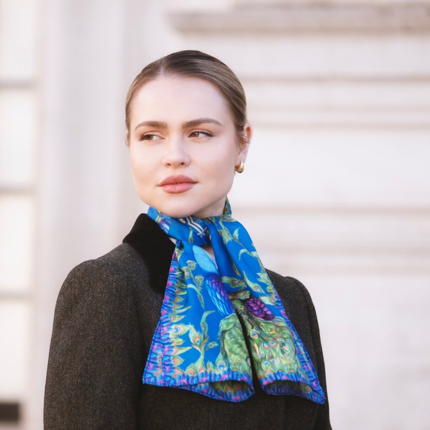 Clare Haggas Pluming Marvellous Peacock Blue Narrow Silk Scarf