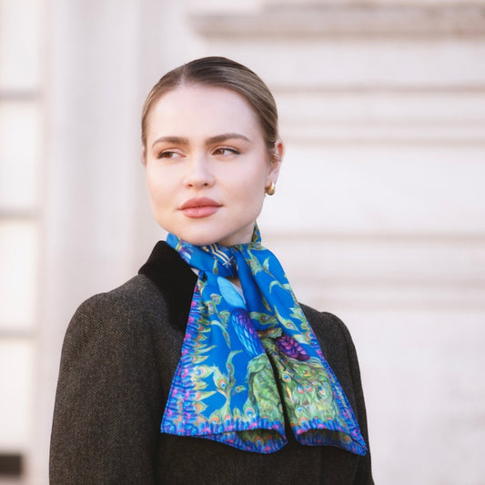 Clare Haggas Pluming Marvellous Peacock Blue Narrow Silk Scarf
