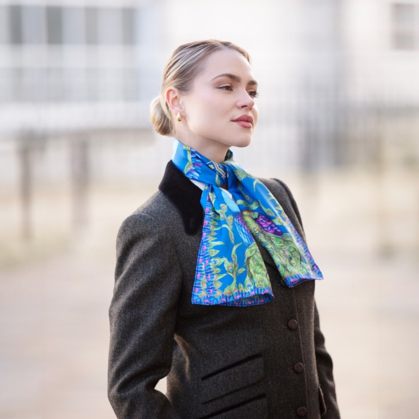 Clare Haggas Pluming Marvellous Peacock Blue Narrow Silk Scarf