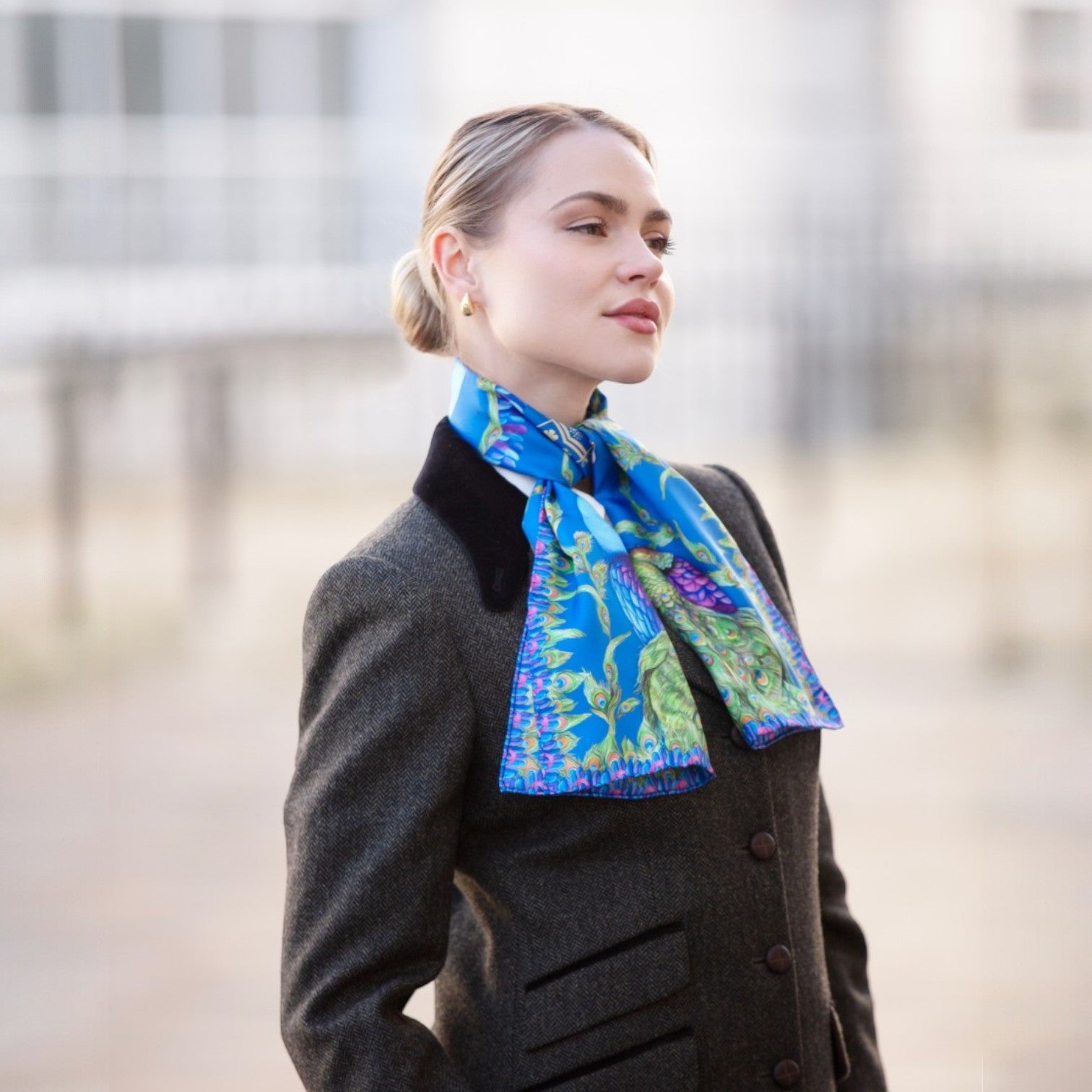 Clare Haggas Pluming Marvellous Peacock Blue Narrow Silk Scarf