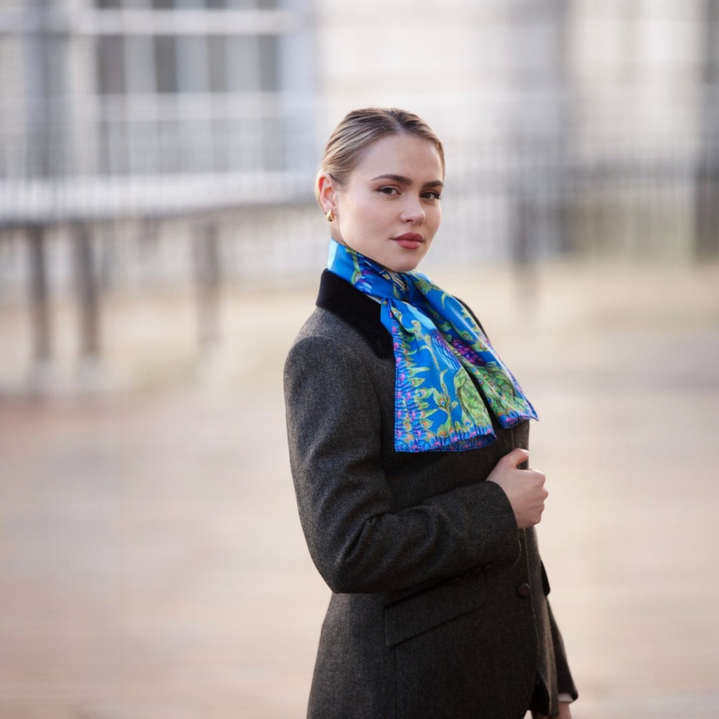 Clare Haggas Pluming Marvellous Peacock Blue Narrow Silk Scarf
