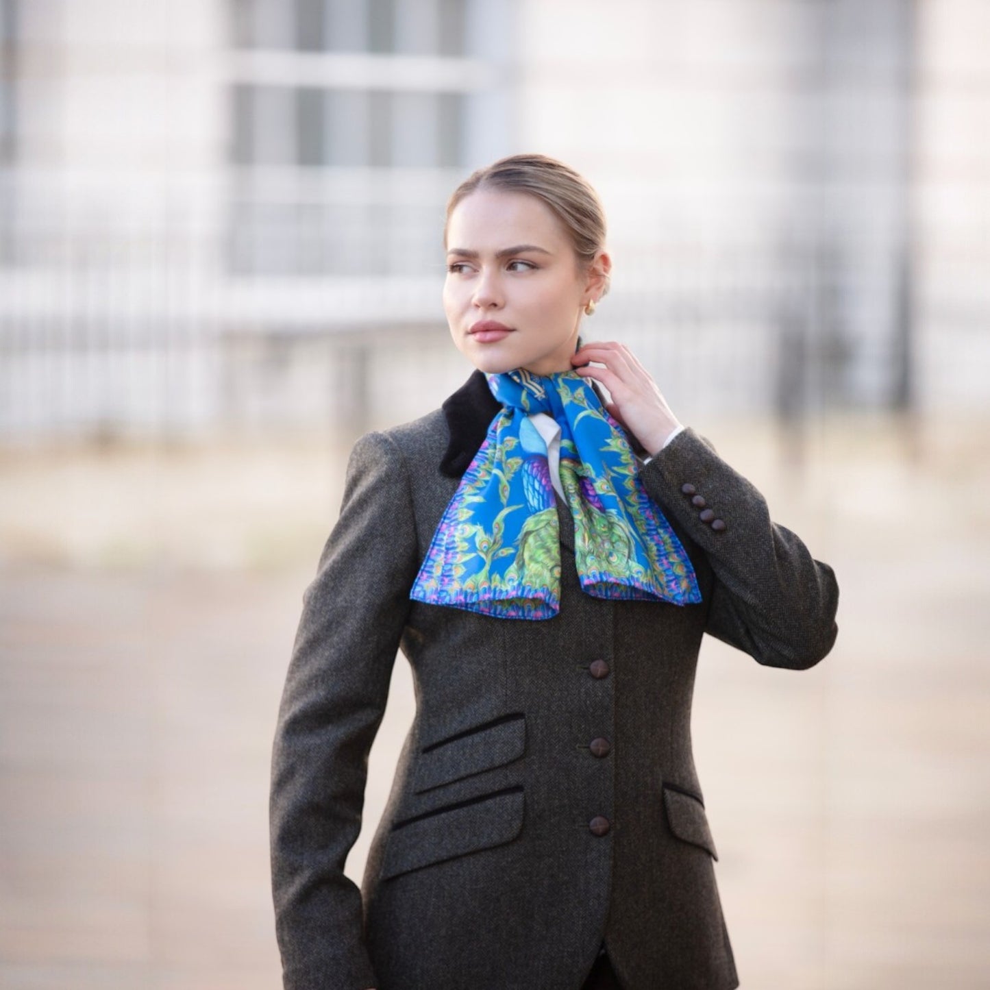 Clare Haggas Pluming Marvellous Peacock Blue Narrow Silk Scarf