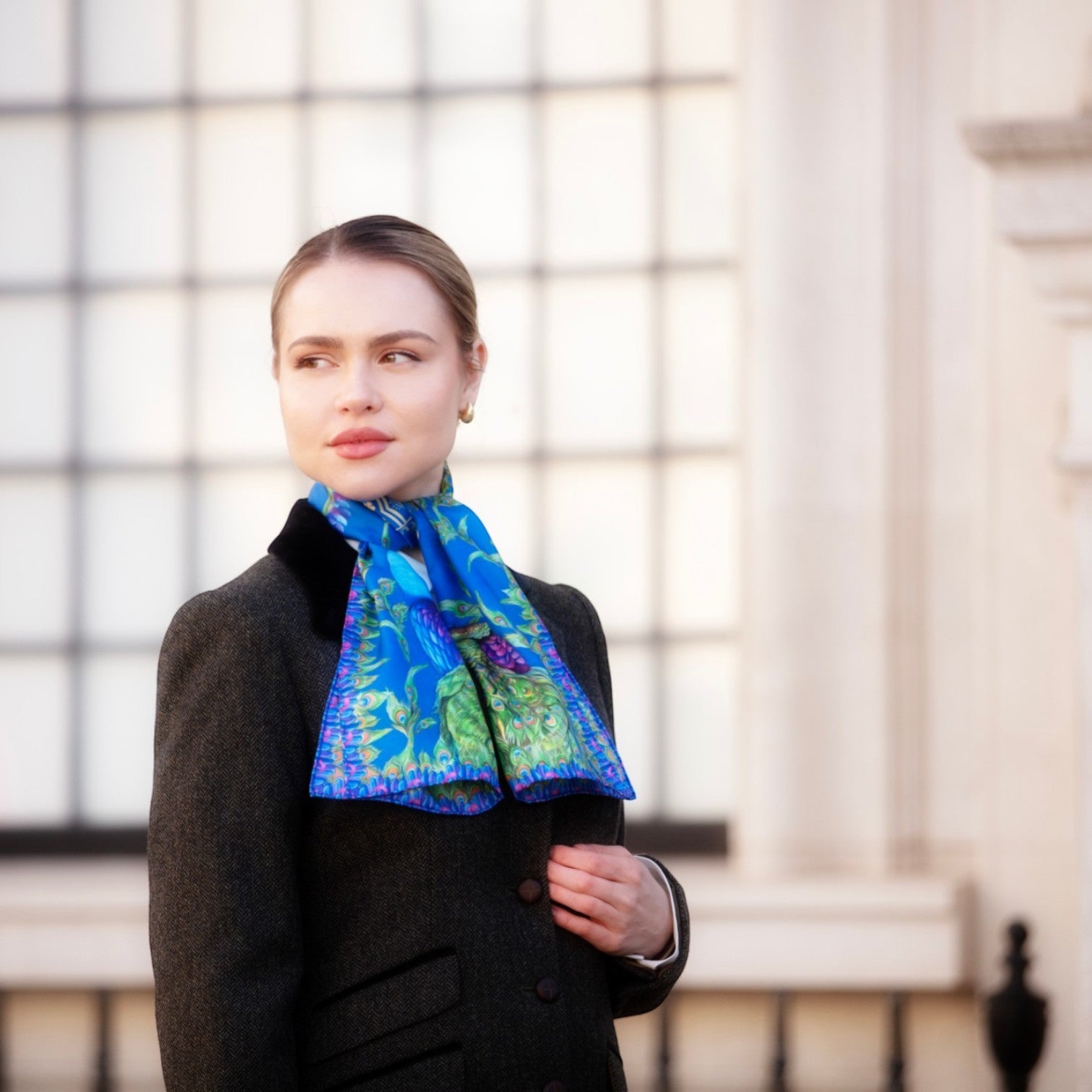 Clare Haggas Pluming Marvellous Peacock Blue Narrow Silk Scarf