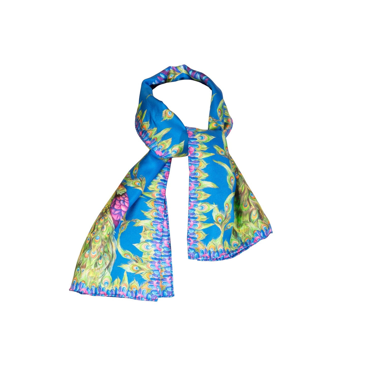 Clare Haggas Pluming Marvellous Peacock Blue Narrow Silk Scarf