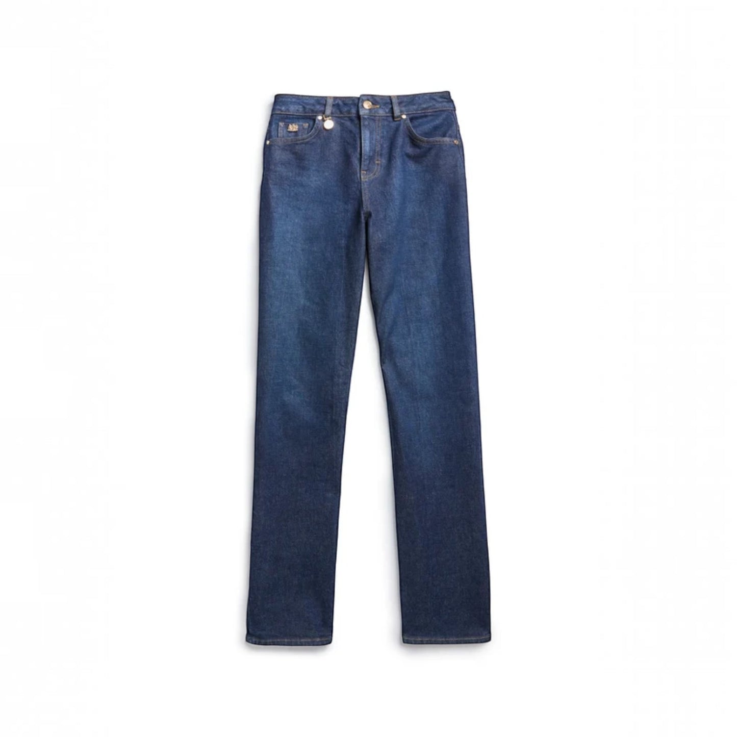 A pair of dark blue denim jeans shown flat against a plain white background.