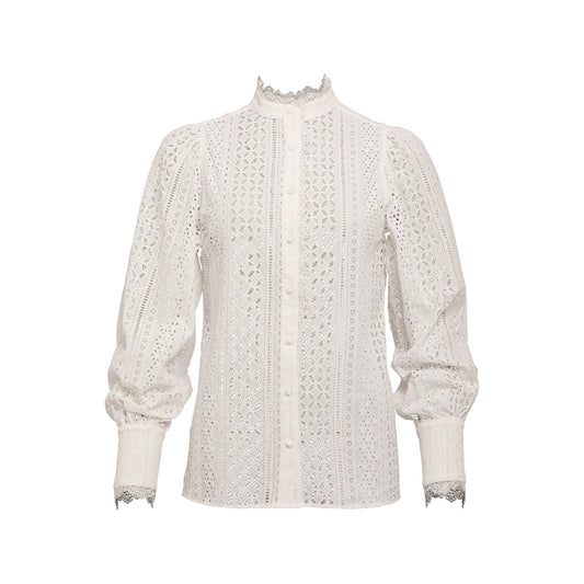 Holland Cooper Collarless Broderie Shirt White