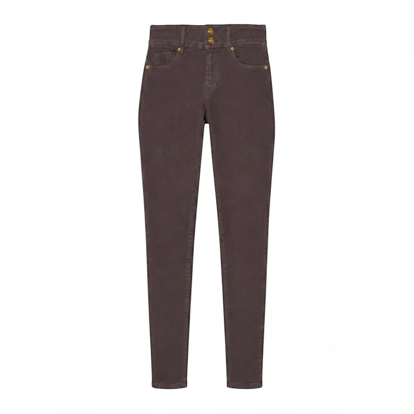 A pair of slim-fit jeans in a washed dark brown color, shown flat against a solid white background.