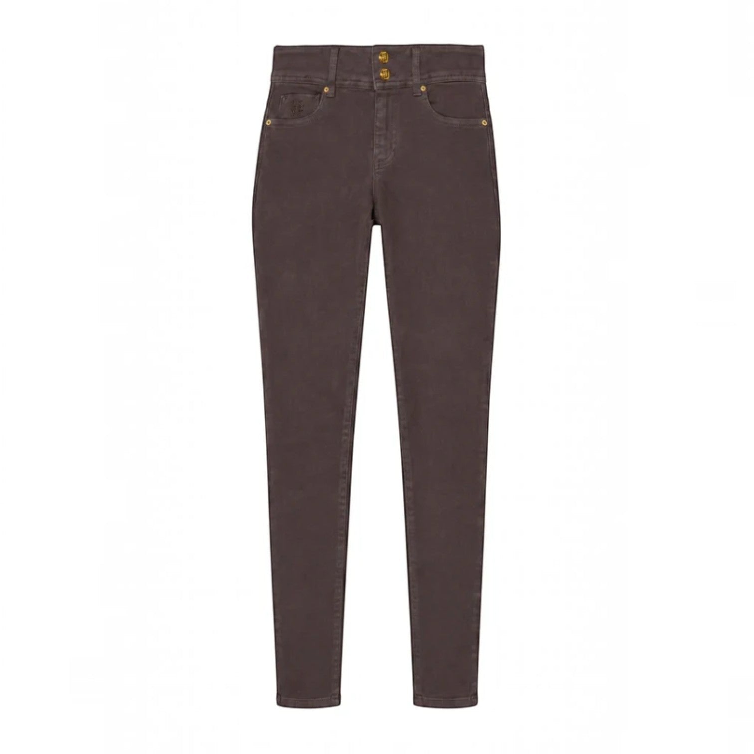 A pair of slim-fit jeans in a washed dark brown color, shown flat against a solid white background.