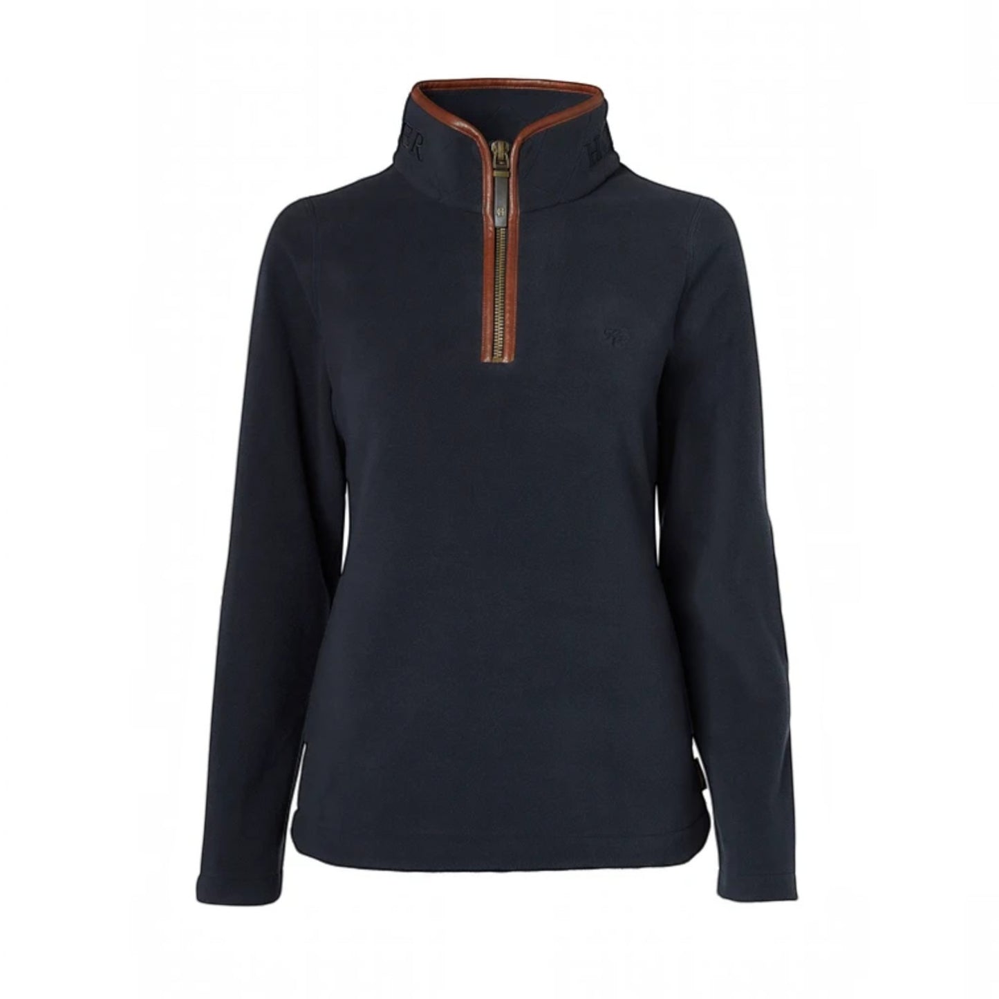 A women's long-sleeve quarter-zip fleece pullover in dark navy blue, featuring a brown leather-like trim along the collar and zipper pull.