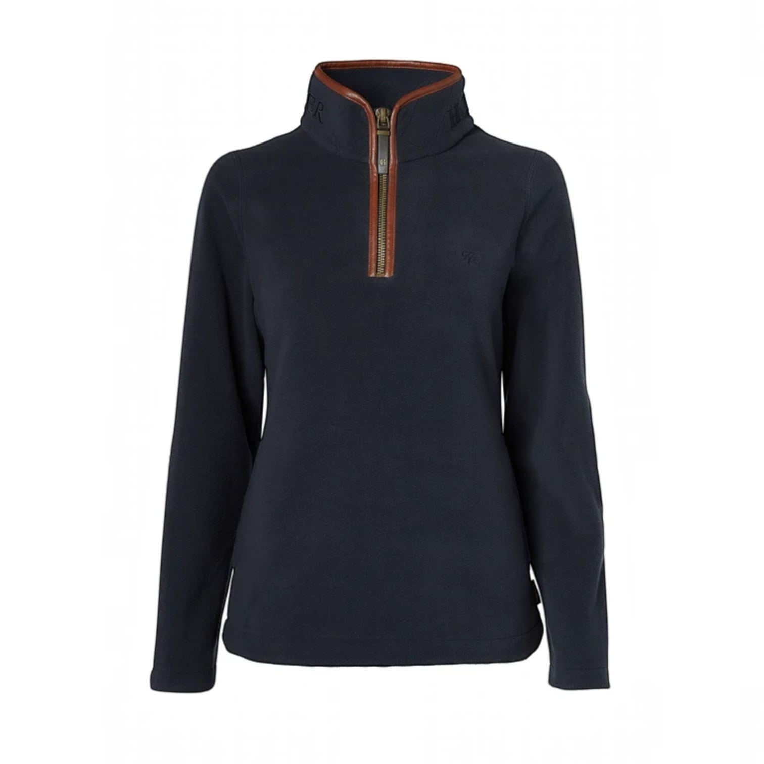 A women's long-sleeve quarter-zip fleece pullover in dark navy blue, featuring a brown leather-like trim along the collar and zipper pull.