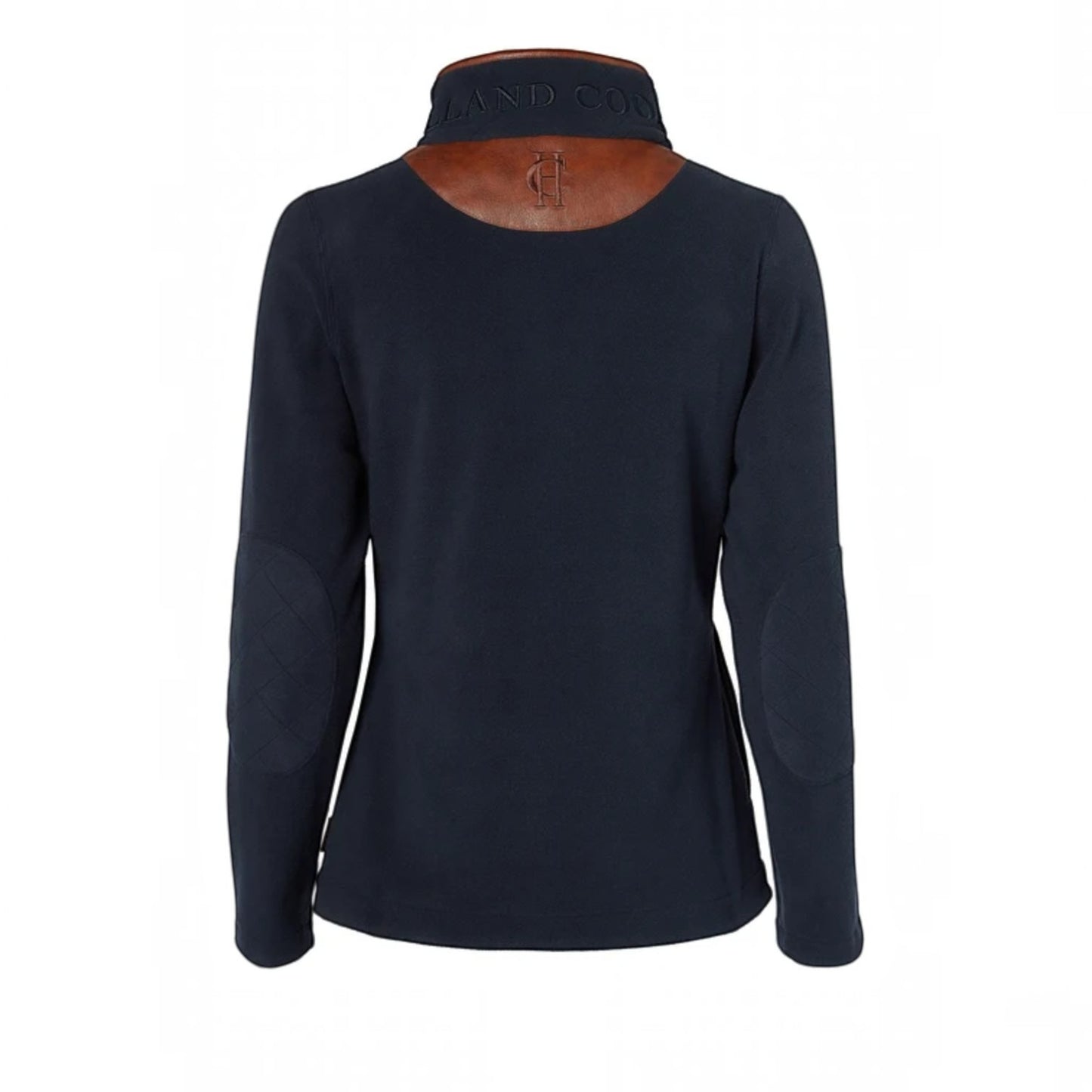 A dark navy blue long-sleeve fleece jacket with brown leather elbow patches and a brown leather collar insert, shown from the back on a white background.