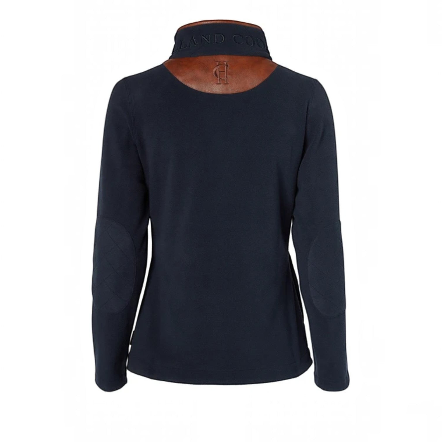 A dark navy blue long-sleeve fleece jacket with brown leather elbow patches and a brown leather collar insert, shown from the back on a white background.