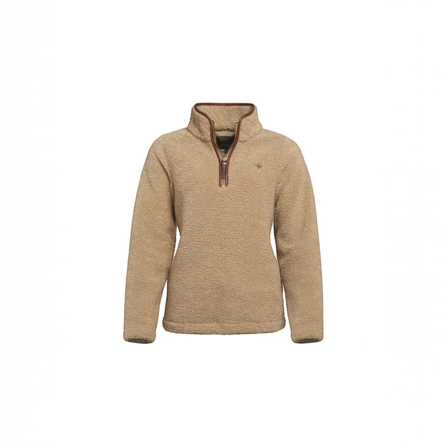 A women's beige fleece quarter-zip pullover sweater with a brown collar trim, shown on a plain white background.