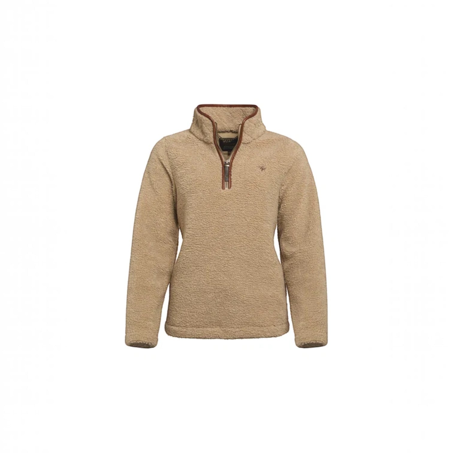 A women's beige fleece quarter-zip pullover sweater with a brown collar trim, shown on a plain white background.