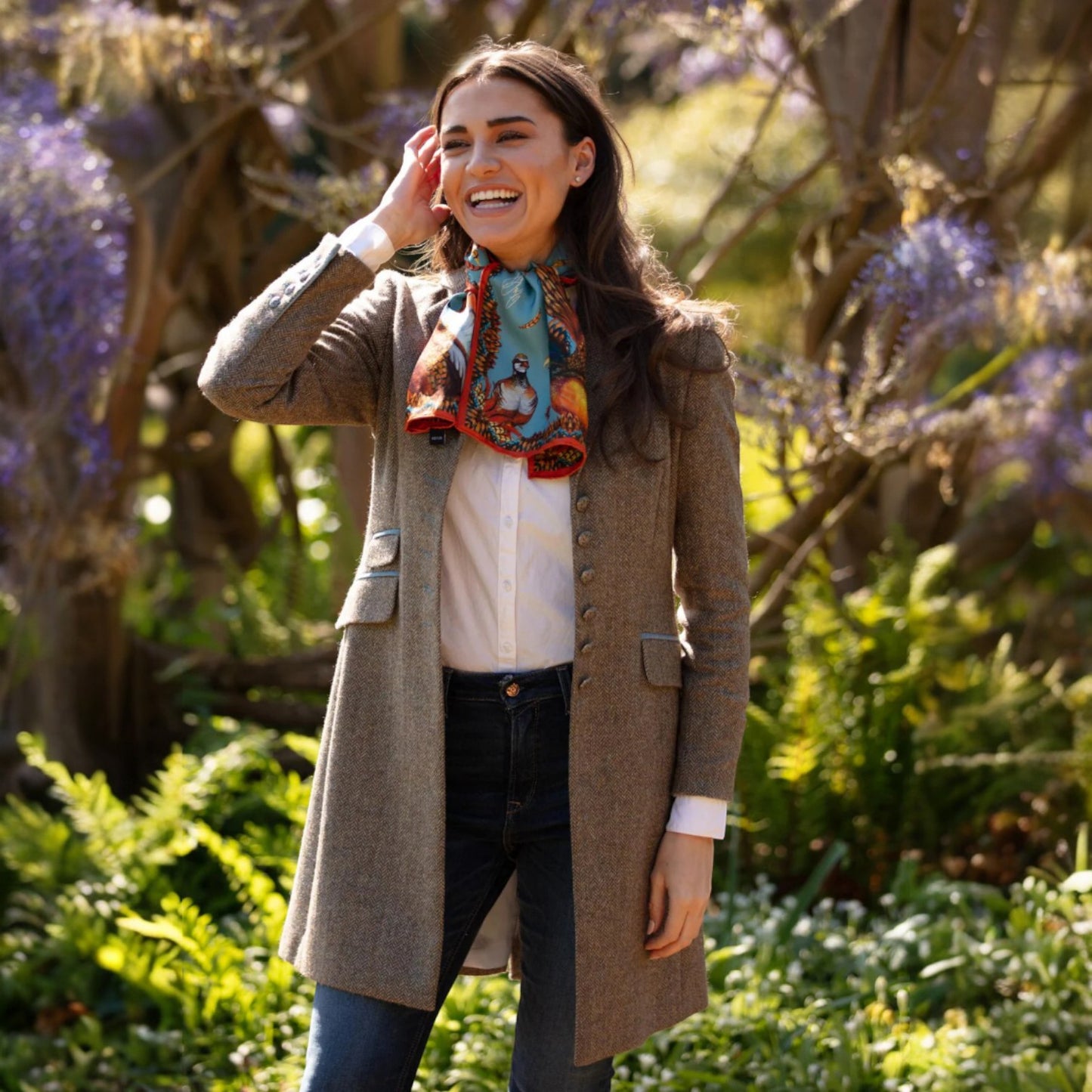 Clare Haggas Heads Or Tails Duck Egg Blue Narrow Silk Scarf