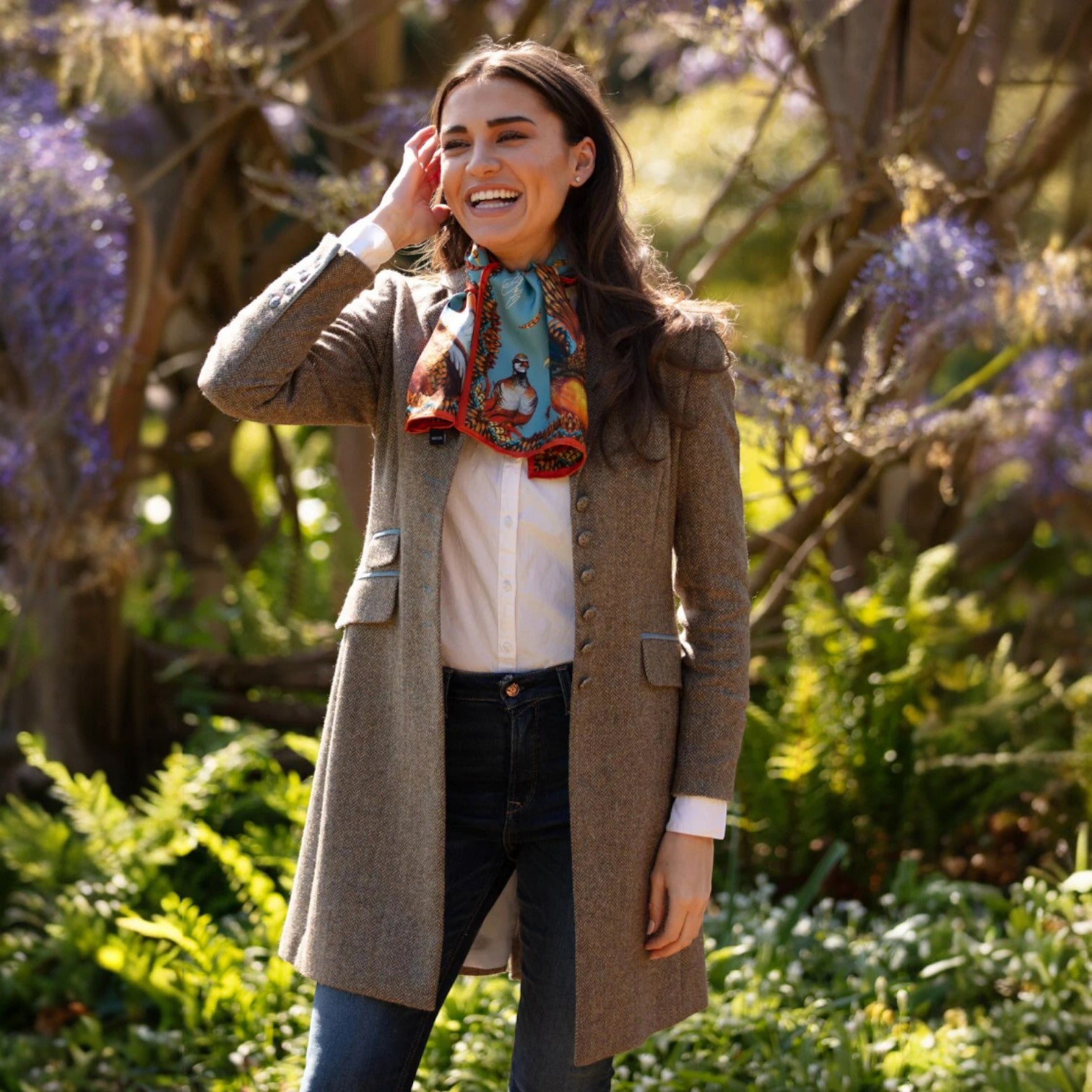 Clare Haggas Heads Or Tails Duck Egg Blue Narrow Silk Scarf