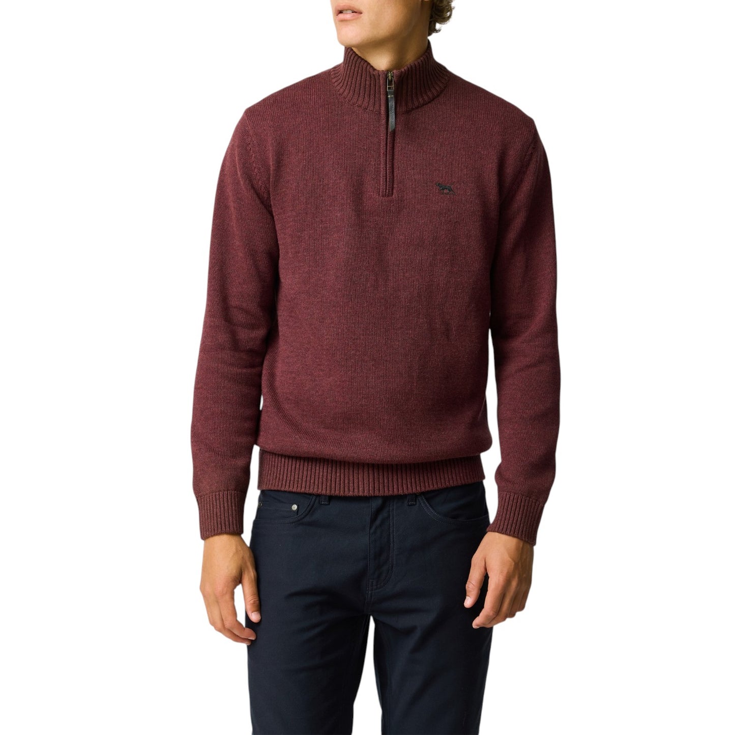 Maroon sweater worn by a person on a white background