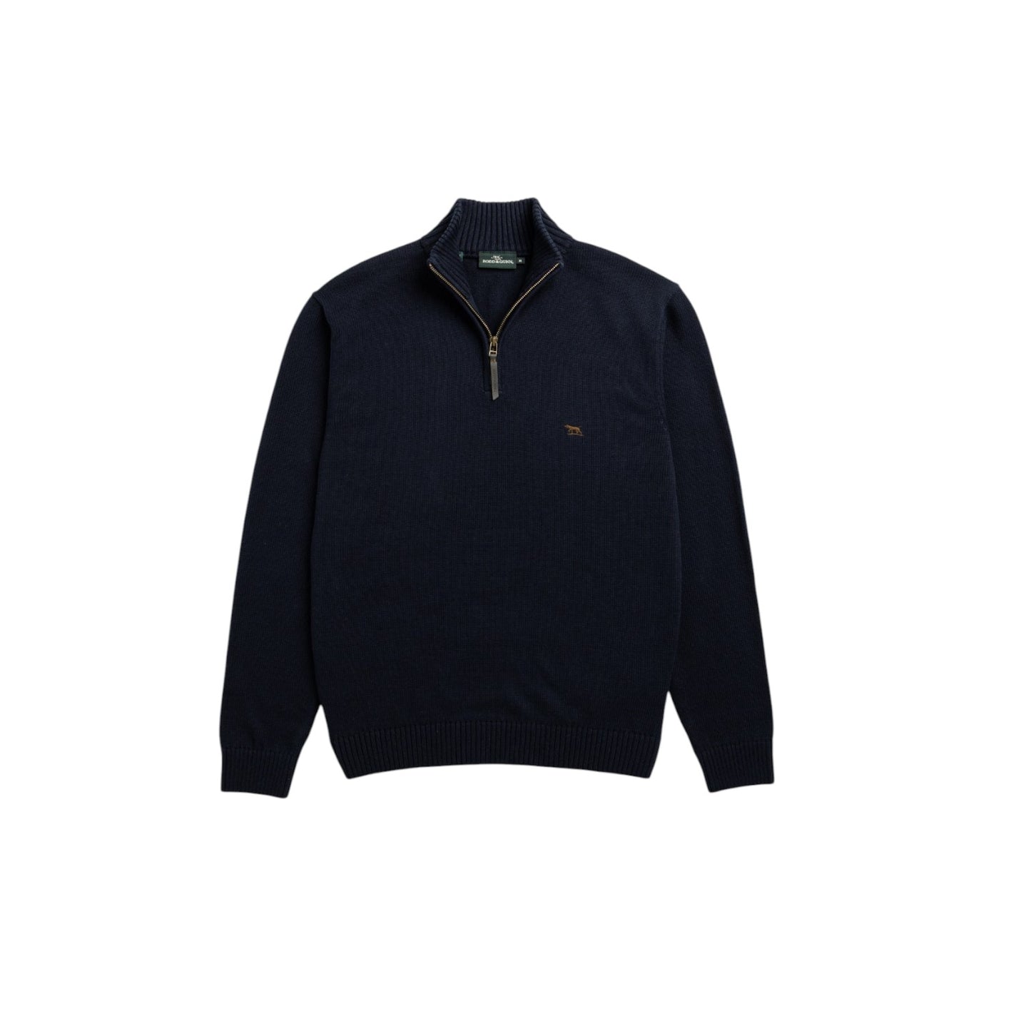 Navy blue sweater with a brand logo on a white background