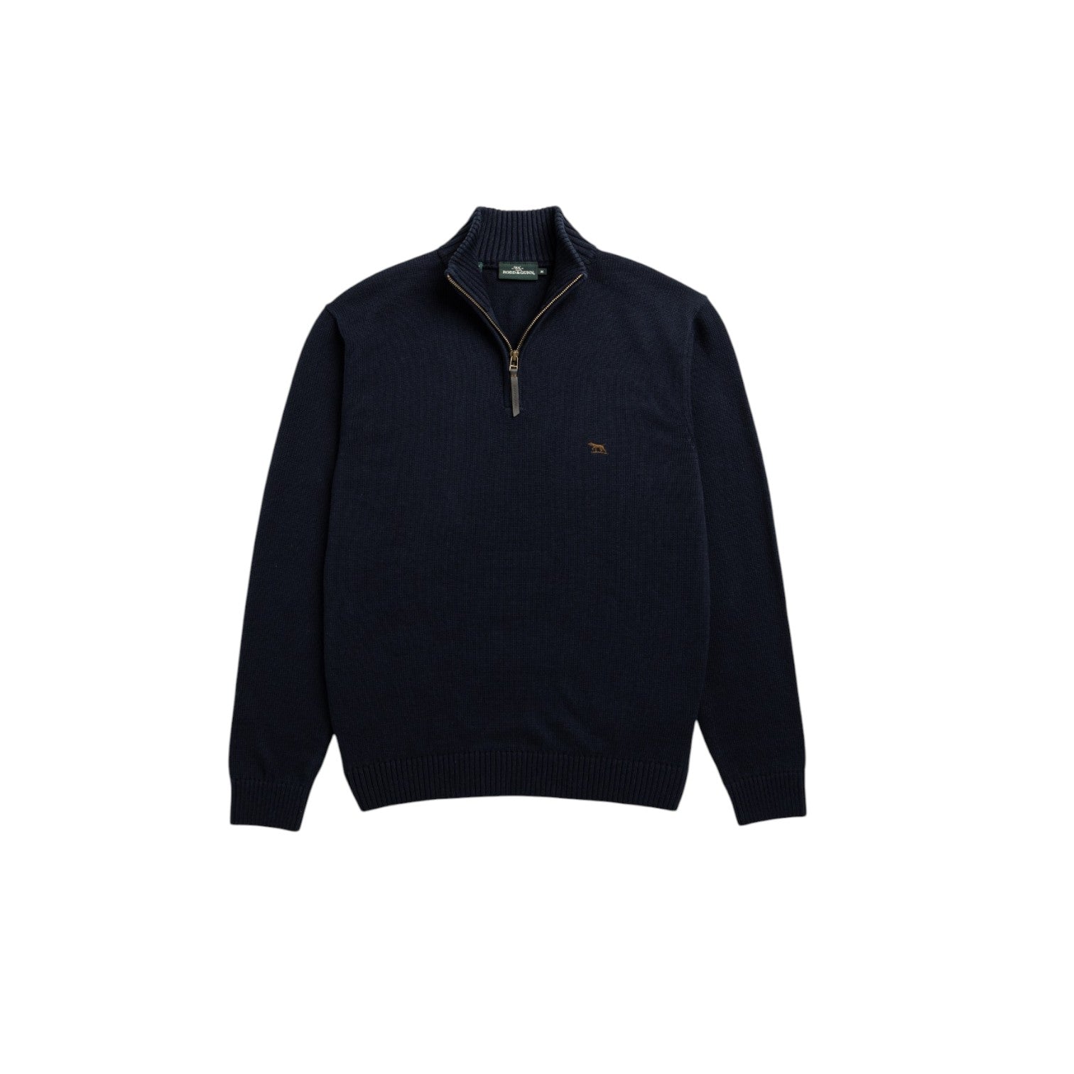 Navy blue sweater with a brand logo on a white background