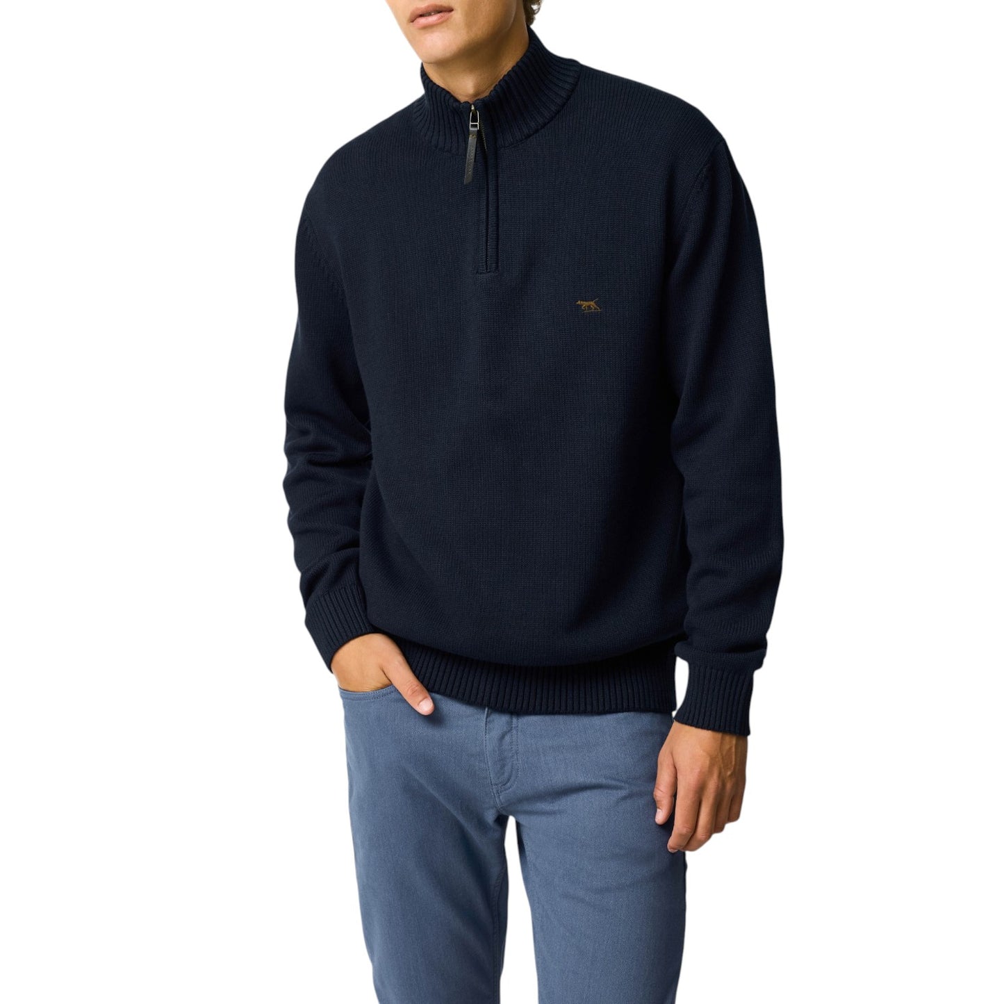 Navy sweater with a small logo on a white background
