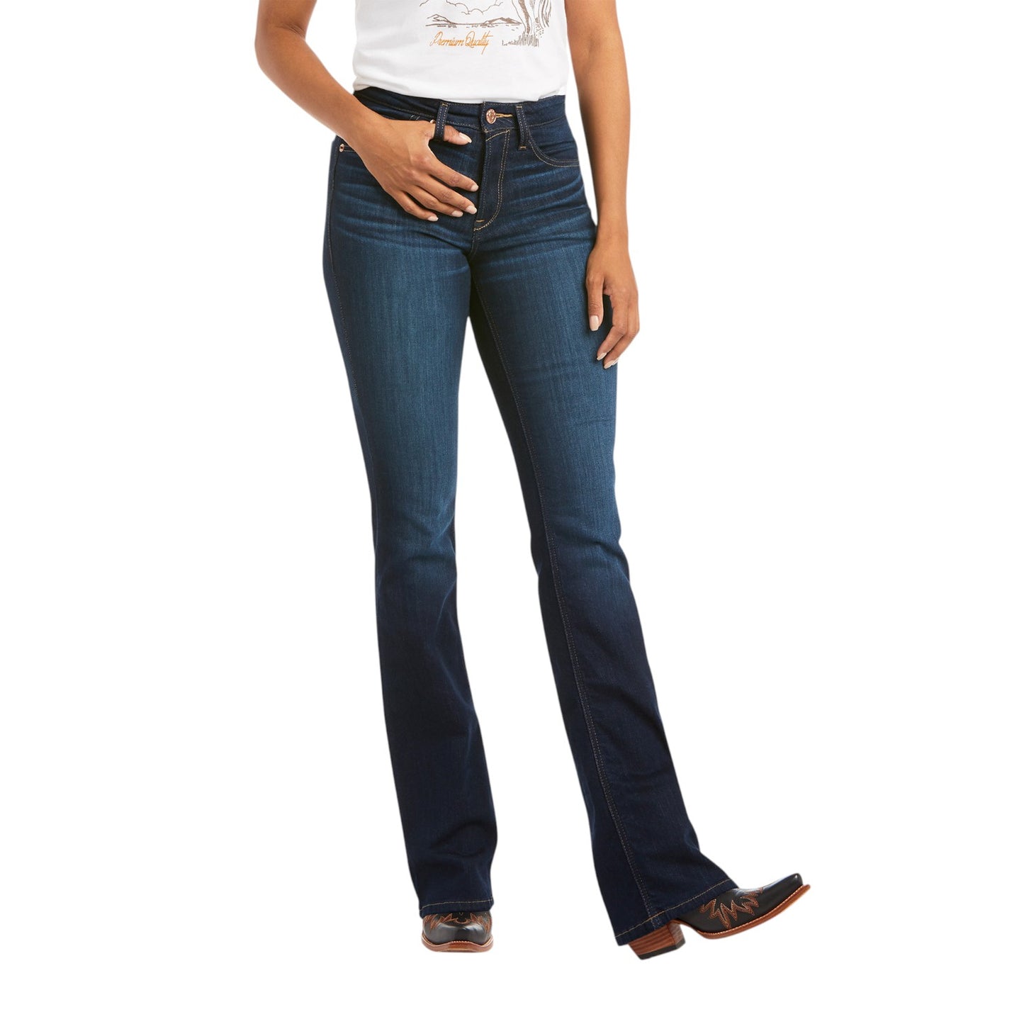 Person wearing blue jeans on a white background