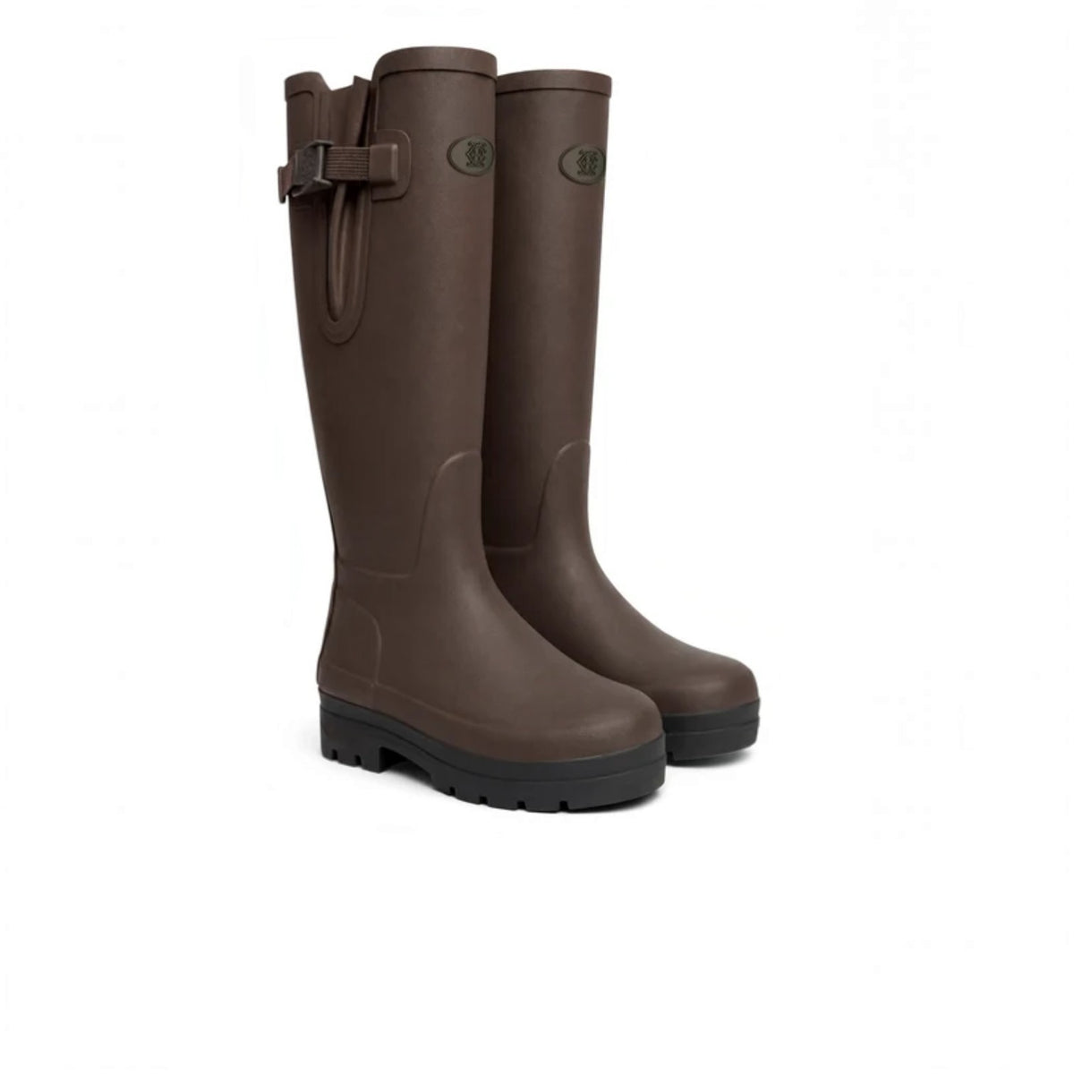 A pair of tall brown rubber rain boots with a buckle strap detail on the side, shown against a plain white background.