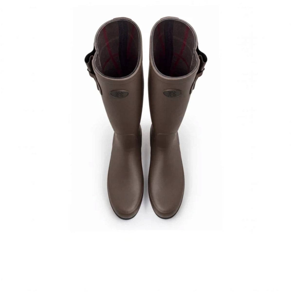 A pair of brown rubber rain boots with side straps, shown from a top-down view on a white background.
