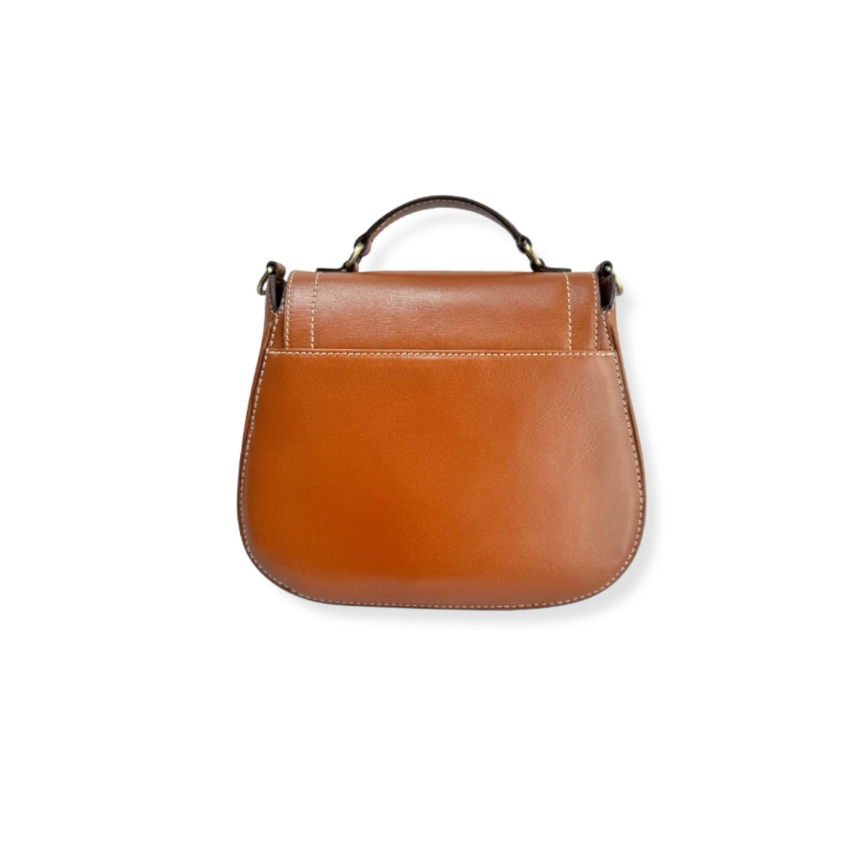 A medium brown leather handbag with a top handle, photographed from the front against a plain white background.