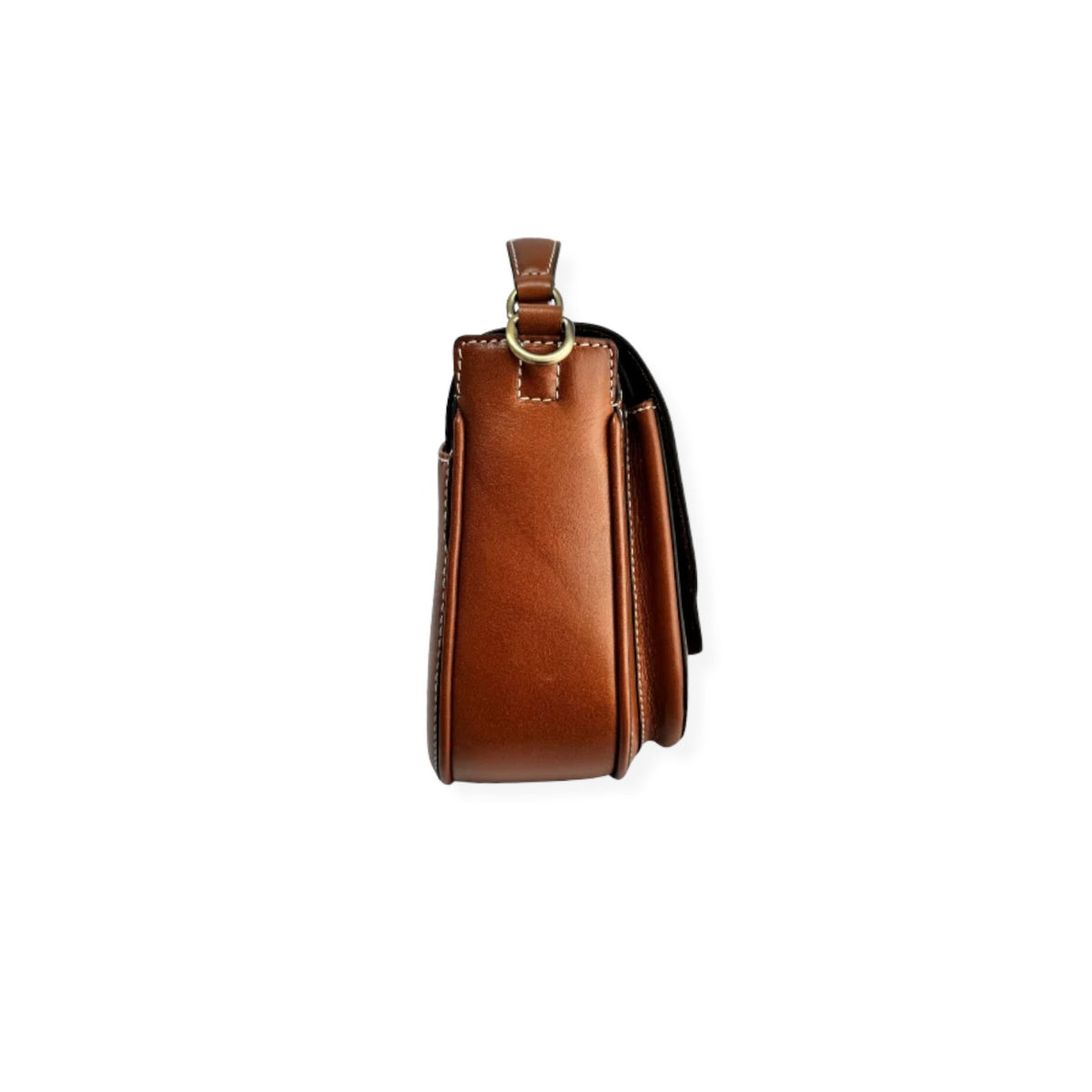 A brown leather shoulder bag shown from the back, featuring a vertical slouchy silhouette, a top strap with a gold-tone ring, and a black fabric insert or lining.
