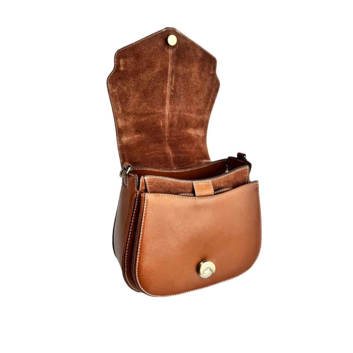 A medium brown leather shoulder bag with an open top flap, a front slip pocket, and a gold-tone snap button closure, shown against a plain white background.