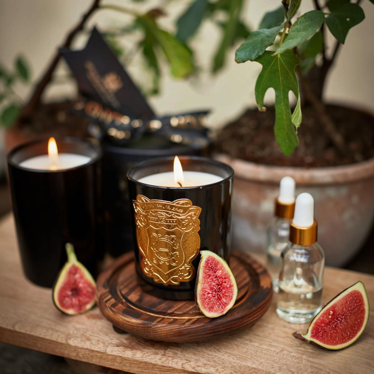 A styled product scene showing two black candles, one lit and centered on a wooden coaster with a gold crest label, alongside two clear dropper bottles, sliced figs, and potted plants in the background.