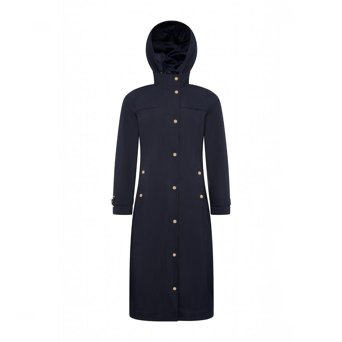 A long navy hooded coat with gold-tone buttons, shown on a plain white background.