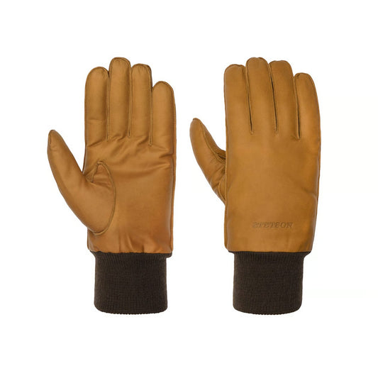 A pair of tan leather gloves with dark brown ribbed knit cuffs, shown from both the back and palm sides on a plain white background.