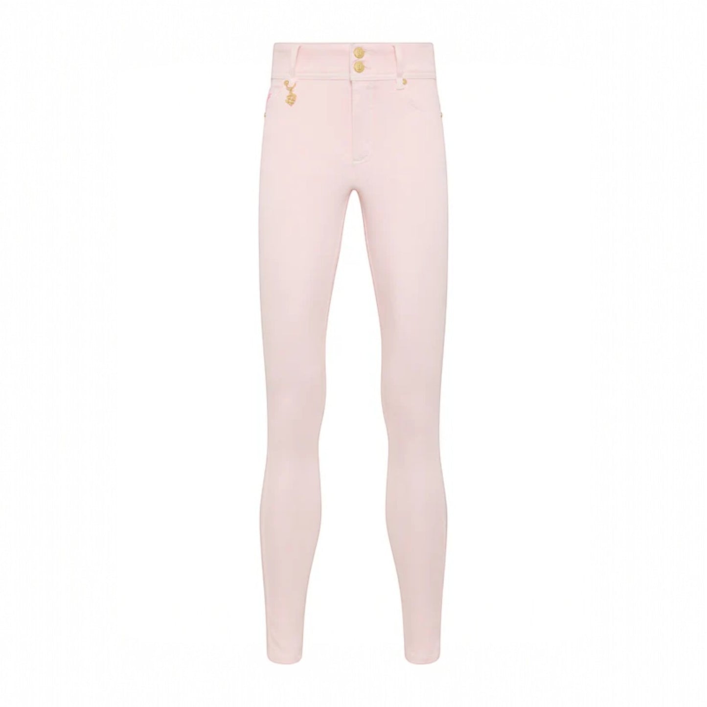 Light pink pants with gold buttons on a white background