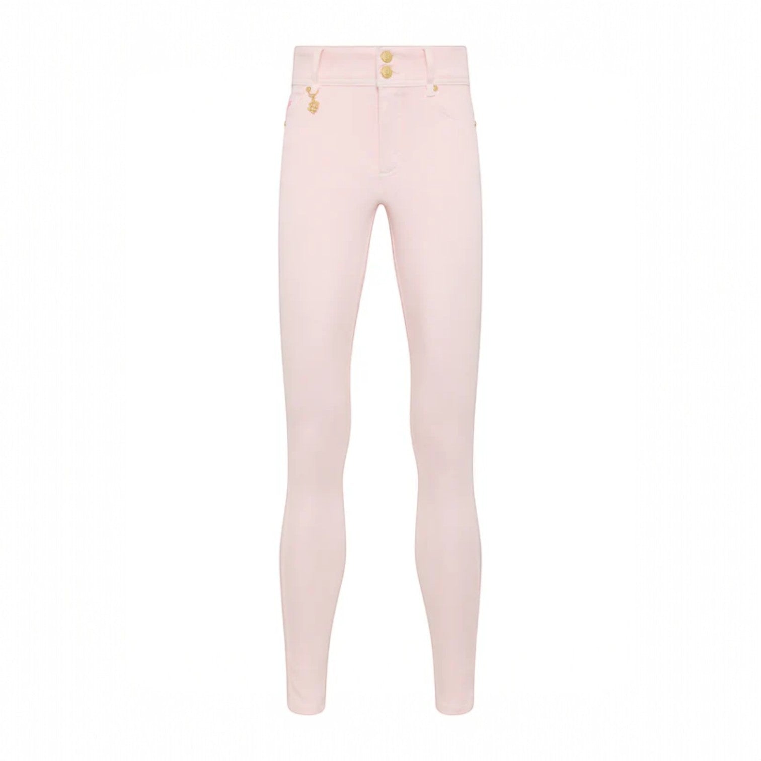 Light pink pants with gold buttons on a white background